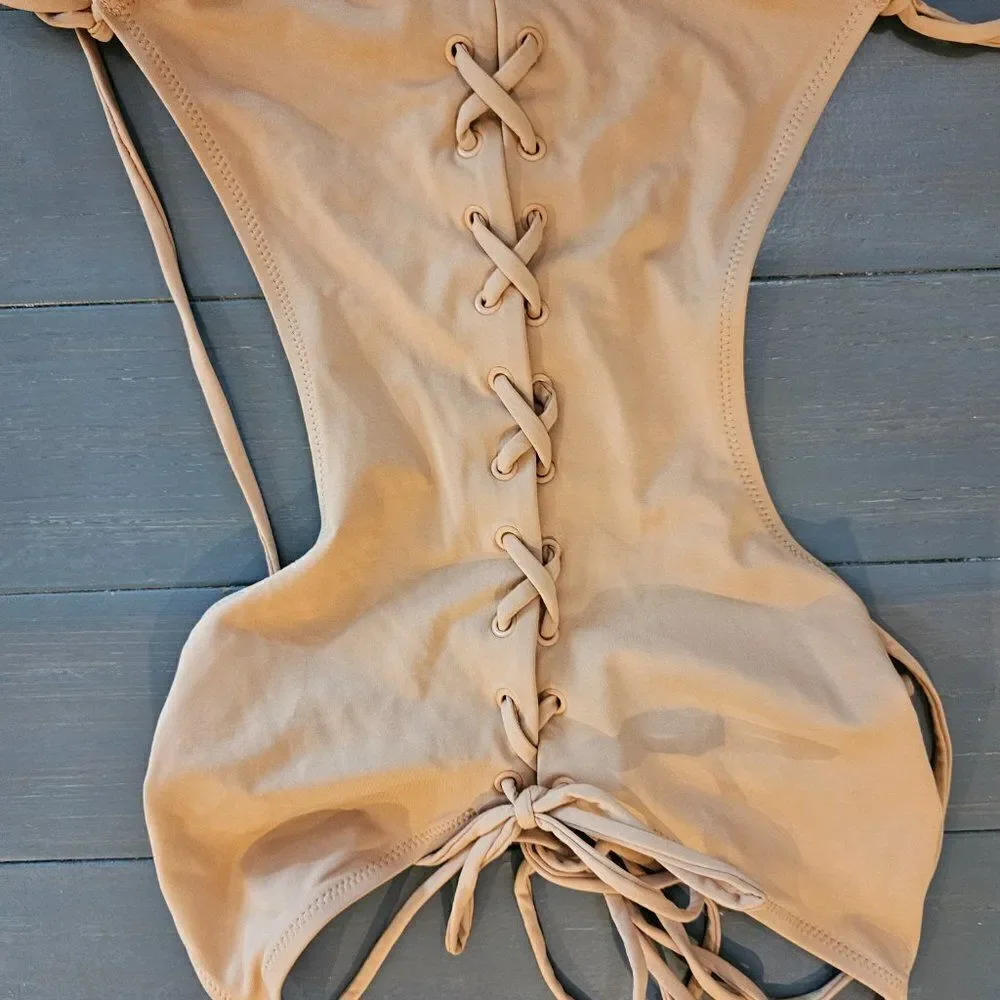 SKIMS Women's Ochre Signature Swim Lace Up Halter Monokini Size Large